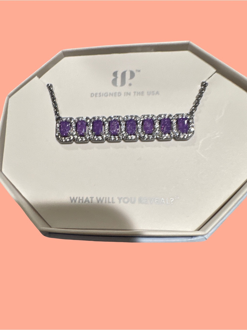 bp Silver Tone Bar Necklace with Purple Stones